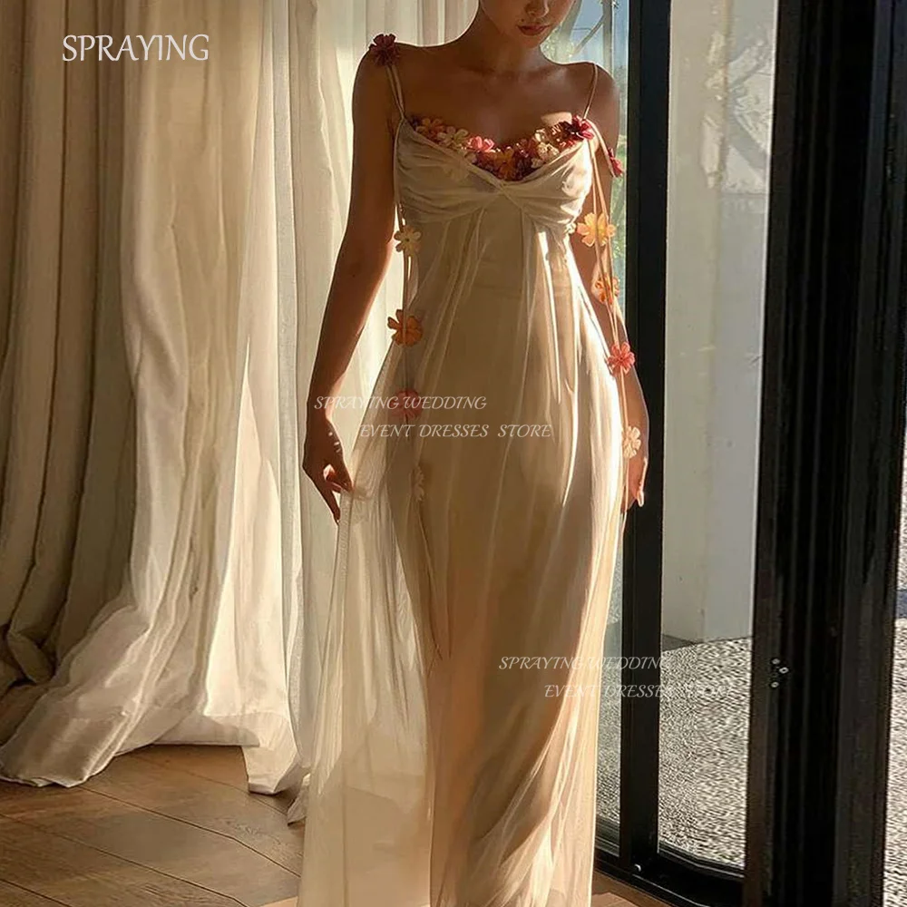 SPRAYING Beach Party Dresses Spaghetti Straps Backless Prom Gown Floral Elegant Simple Evening Dresses Sheath Floor-Length