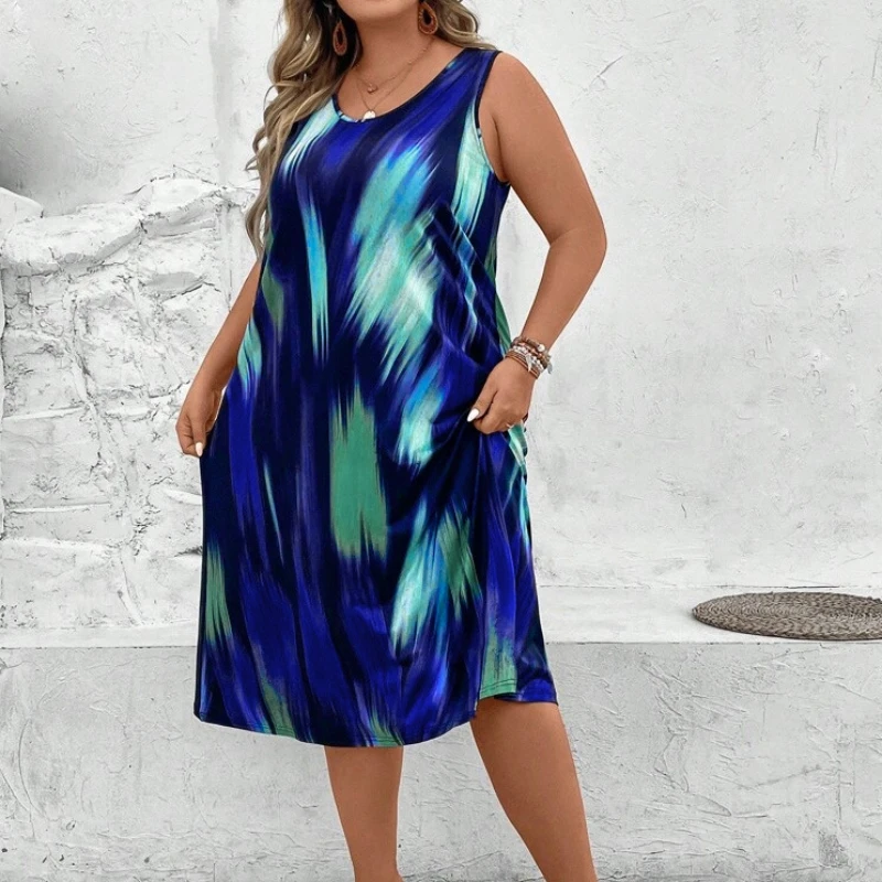 

2024 New Summer Sweet Minimalist Fashion Loose Sundress Sleeveless Straight Round Neck Print Tie Dye Women's A-line Midi Dress