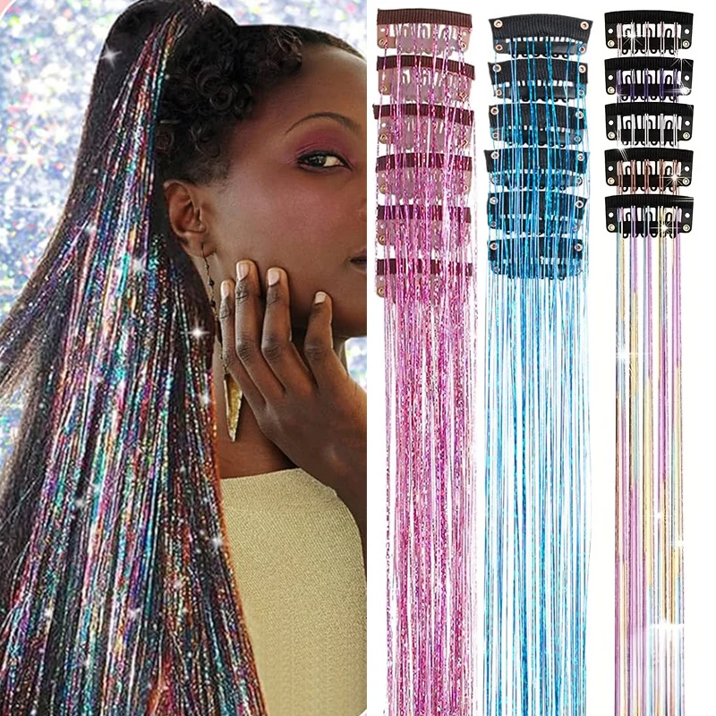 

12pcs Shiny Synthetic Sparkling Tinsel Hair Extensions Hairclips Colorful Holographic Hair Tinsel Glitter Fairy Hair Accessories