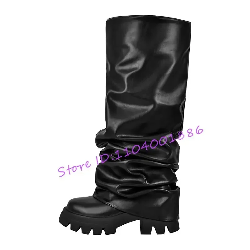 Trendy Green Knee High Boots Women\'s Platform Round Toe Pleated Motorcycle Boots New Thick Bottom Gold Silver Large Size Shoes