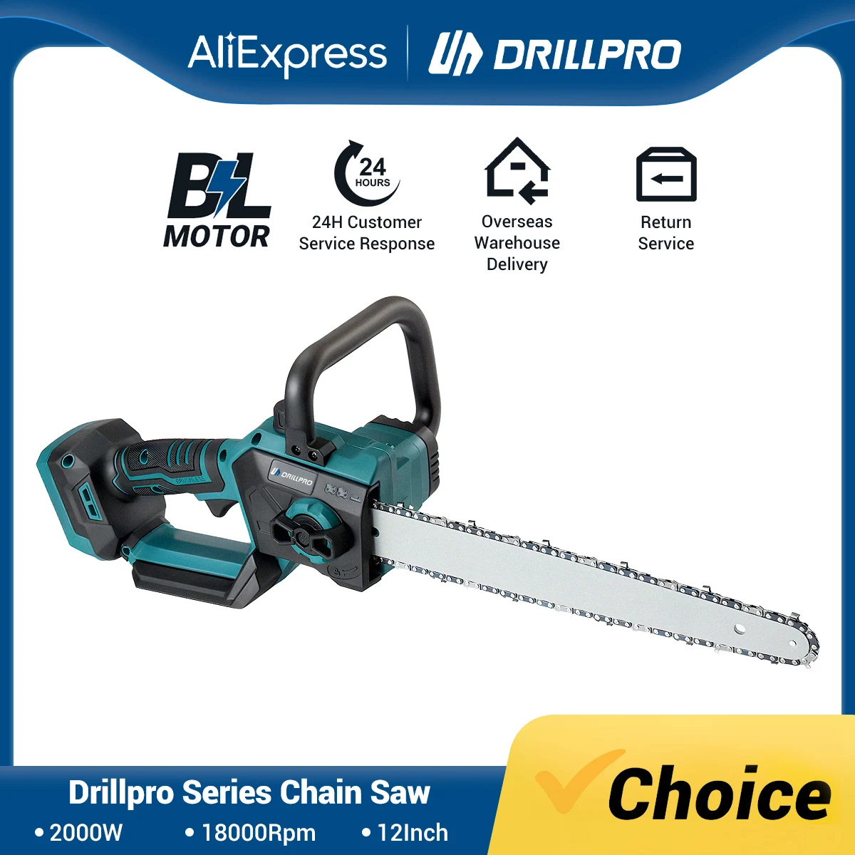 

DrillPro 12 Inch Brushless Electric Chainsaw Cordless Lubricating Oil Chainsaw Lithium battery Wood Cutter Woodwork Garden Tools