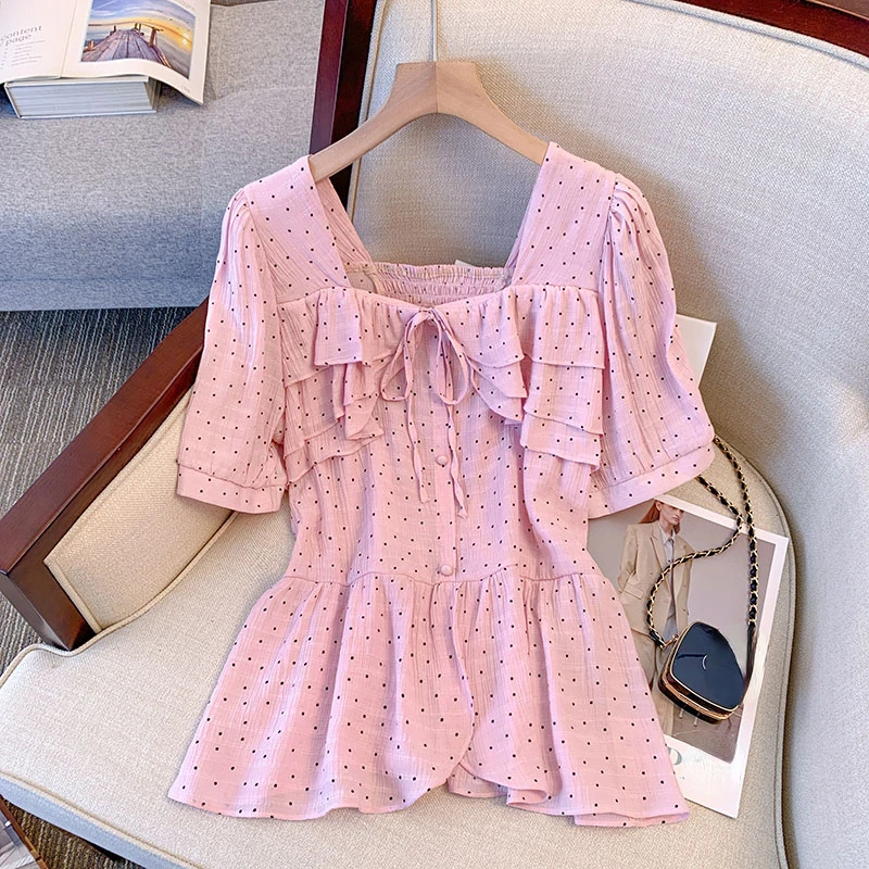 L-4XL Large Size Sweet Ruffles Blouses 2023 Summer Oversize Short Sleeve Shirts Fashion Square Collar Lace Up Dot Tops Female