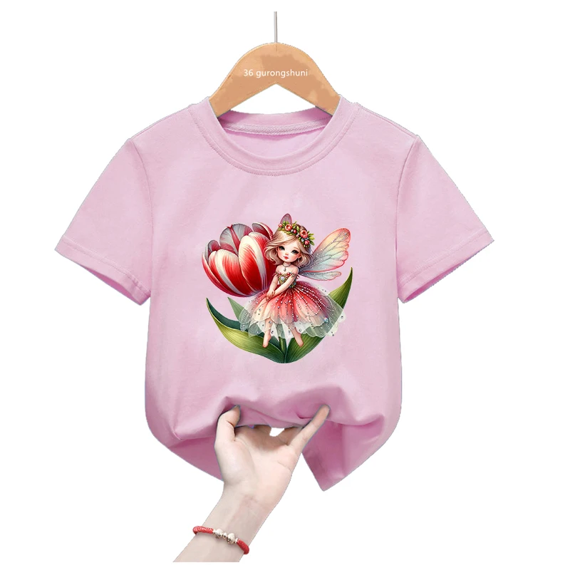 

Funny Floral Fairy Printed Pink Tshirt Girls Kawaii Kids Clothes Summer Fashion Short Sleeve T-Shirt Harajuku Shirt