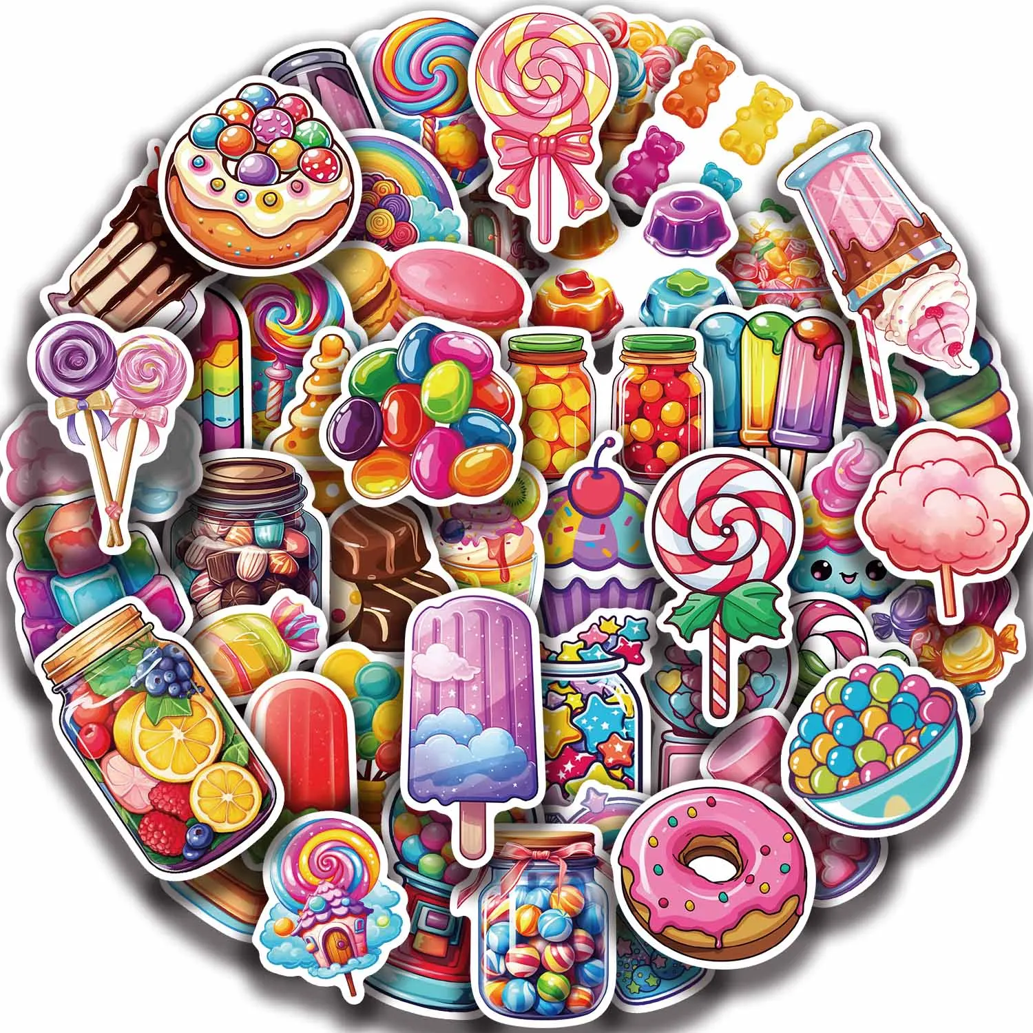 

50pcs Cute Cartoon Colorful Dessert Candy Stickers Graffiti For Laptop Water Bottle Luggage Notebook Vinyl Waterproof Decals