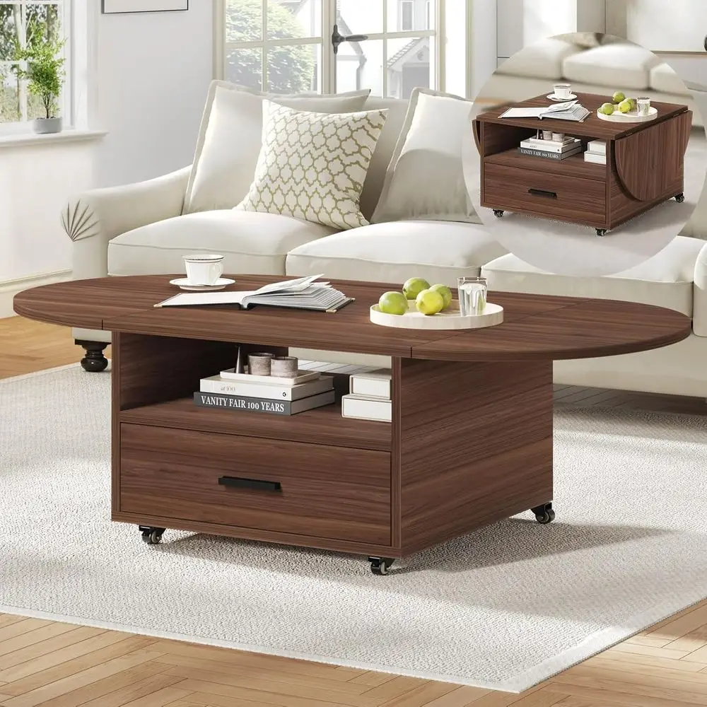 

Oval Coffee Table with Drawer, Wooden Storage Living Room Table, Multipurpose Center Table with Wheels, Expandable Rolling Tea T