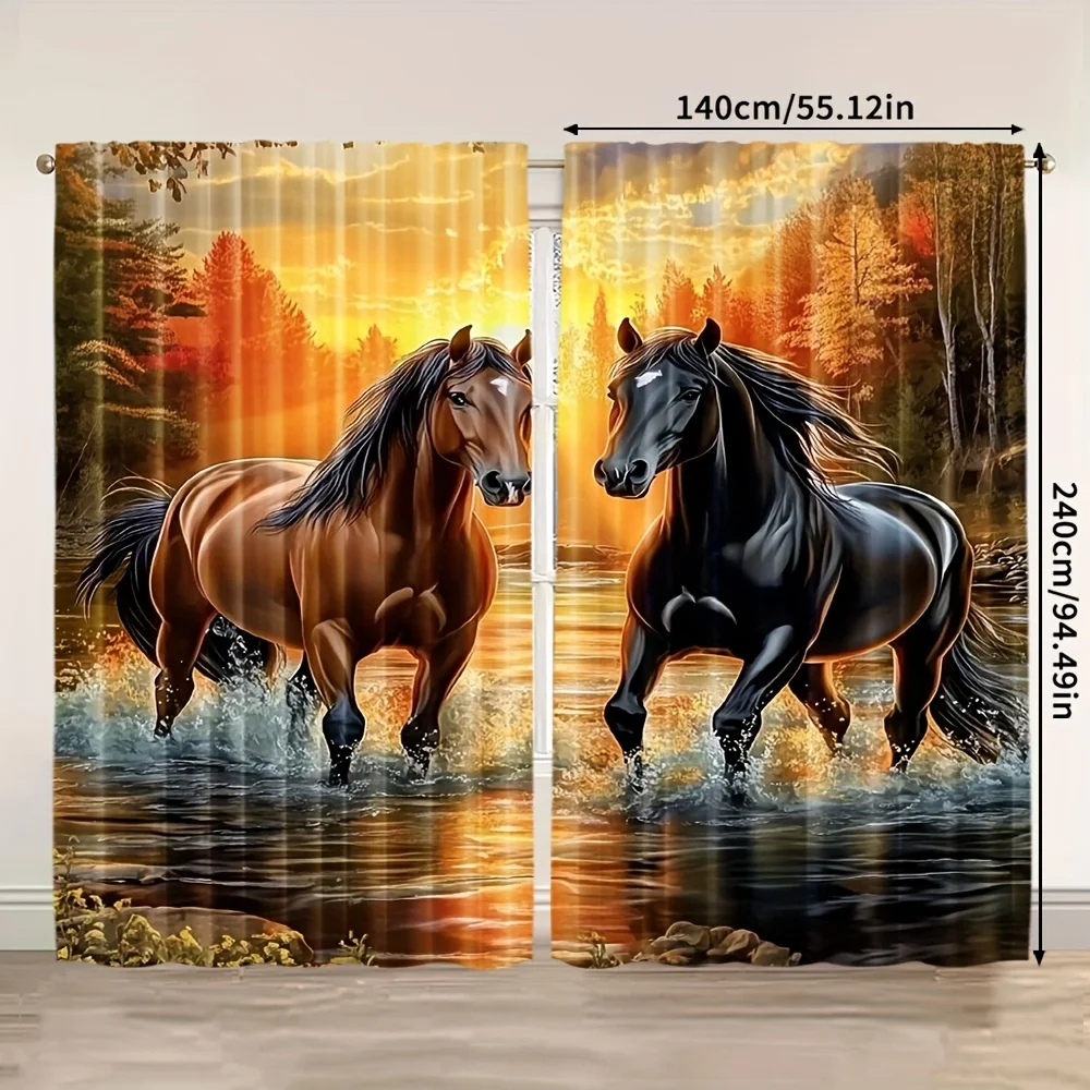 2 Panels Horse Printed Curtains, Sunset Forest River Landscape Drapes for Living Room Bedroom Window Treatment Home Decor