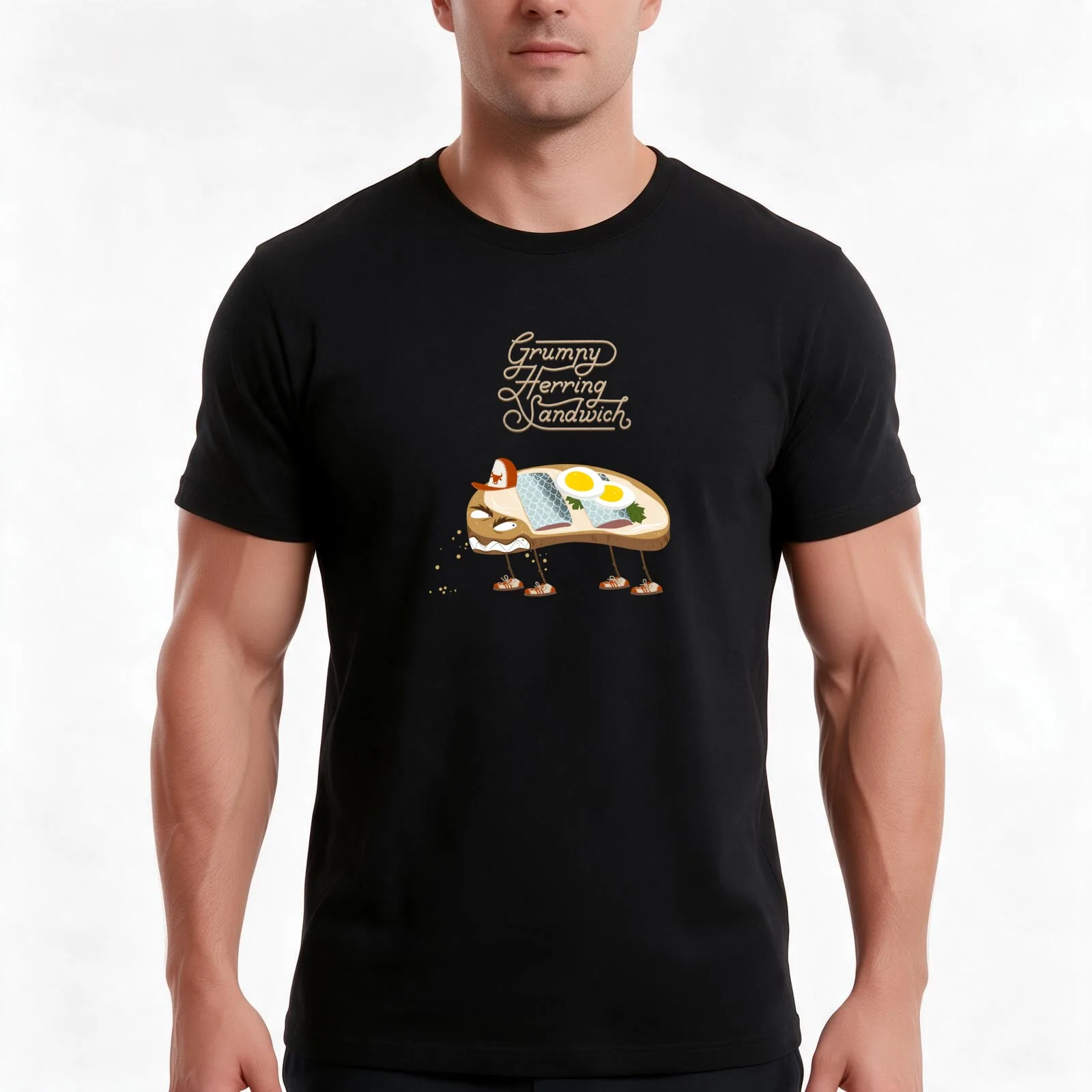 Grumpy Herring Sandwich T-Shirt Summer Casual Cotton Tee Oversized Streetwear Tops Vintage Graphic Print Unisex Men Women