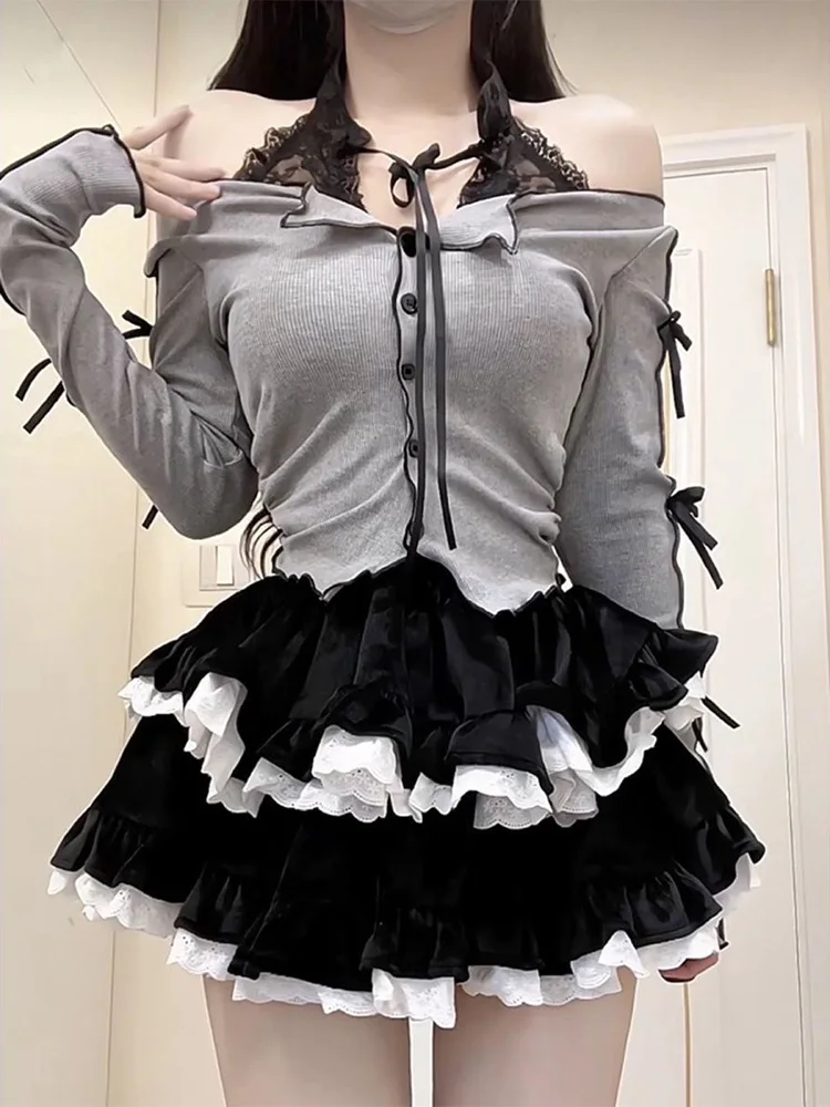 Y2K Spicy Girl Bla Puffy ort Skirt Women's Autumn Pure Desire Ne Hanging Long Sve T-irt Cake Skirt Two-Piece Set A...
