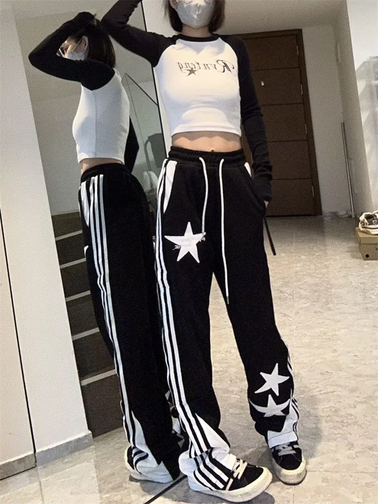 Streetwear Y2K Star Print Jogging Sweatpants Women Vintage Black Sports Pants Oversized Kpop Wide Leg Joggers Baggy Trousers