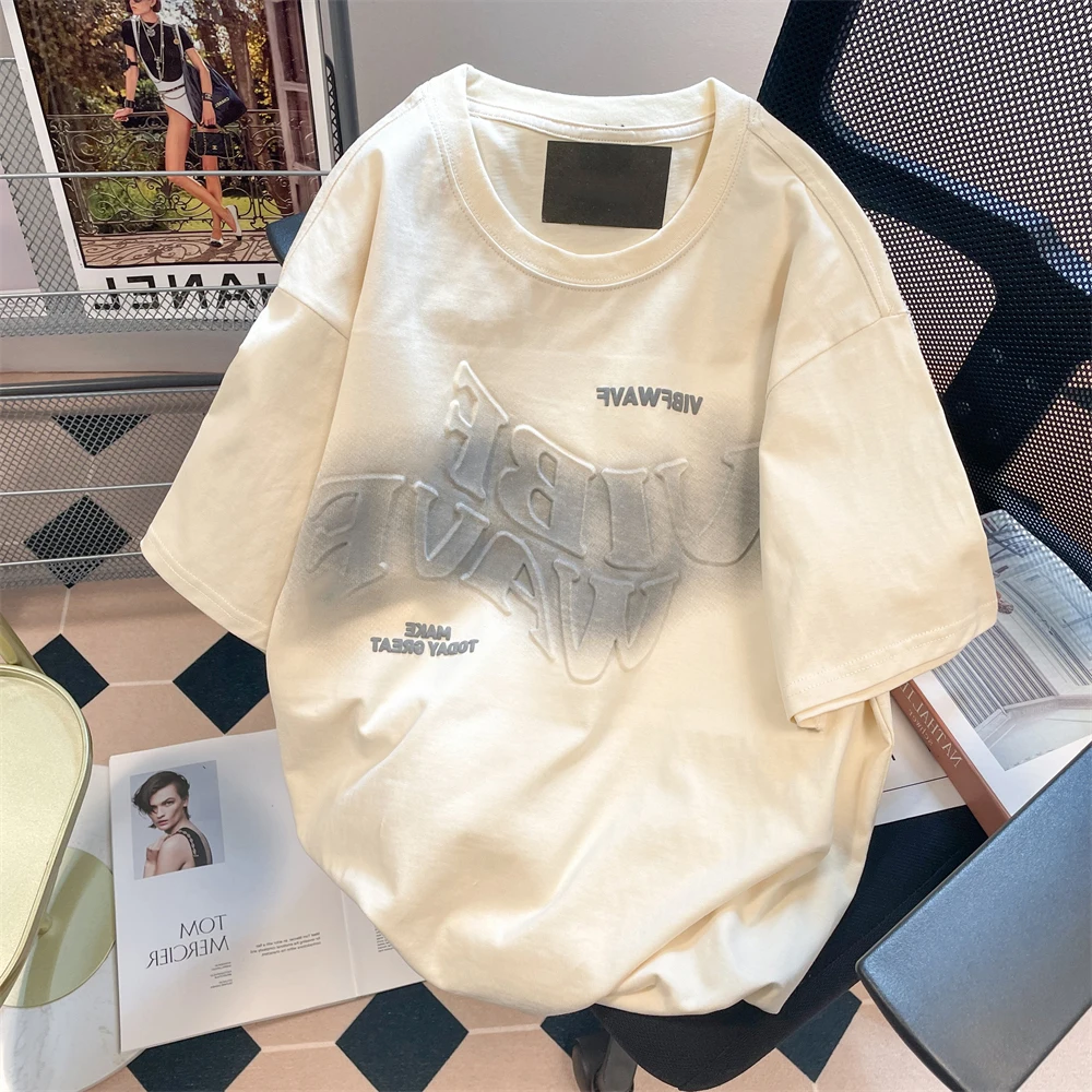 

American Vintage 3D Letter Graffiti Short Sleeved T-shirt for Women Summer Casual Loose Trendy Couple Top Oversized T Shirt