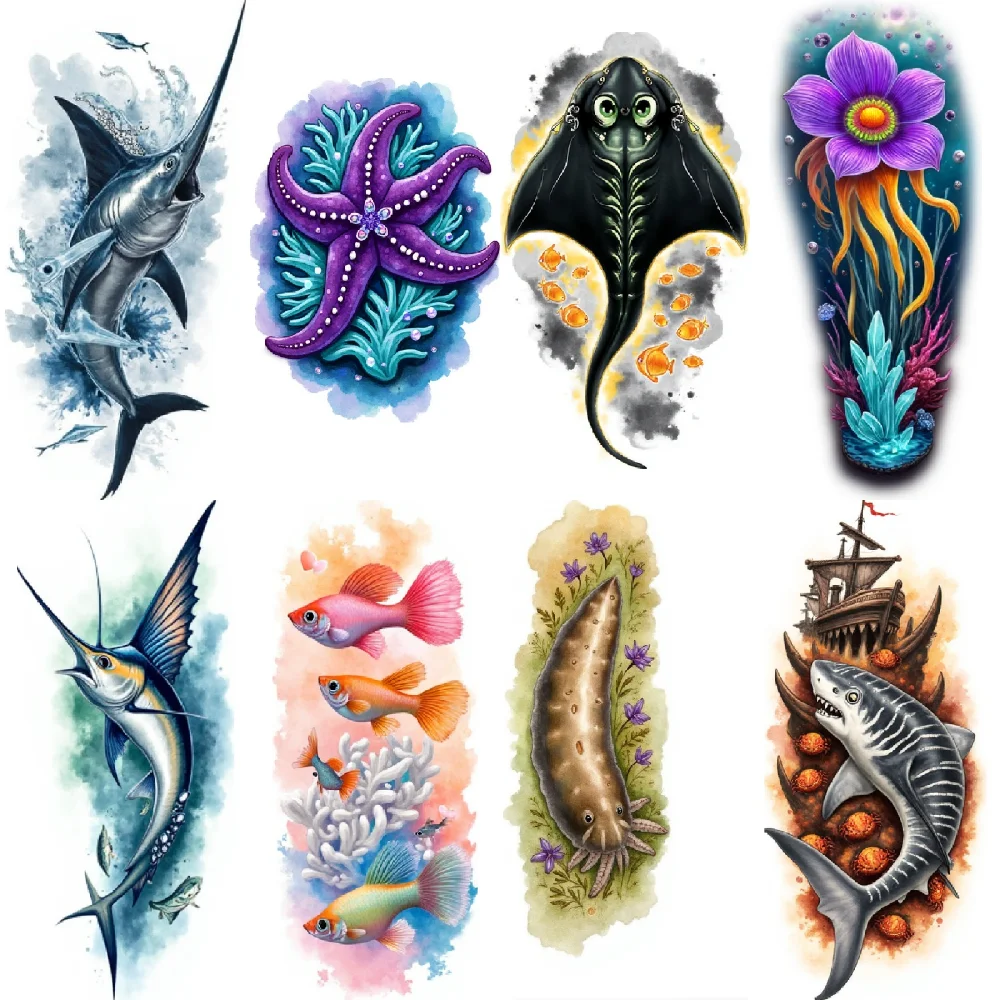 

12pcs Temporary Tattoo Colorful Realism Sea Cucumber Stingray Starfish For Arms Thighs Shoulders
