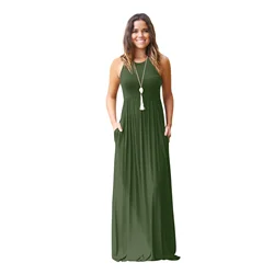 Women's Summer Empire Waist Sleeveless Solid Maxi Long Dresses with Pockets