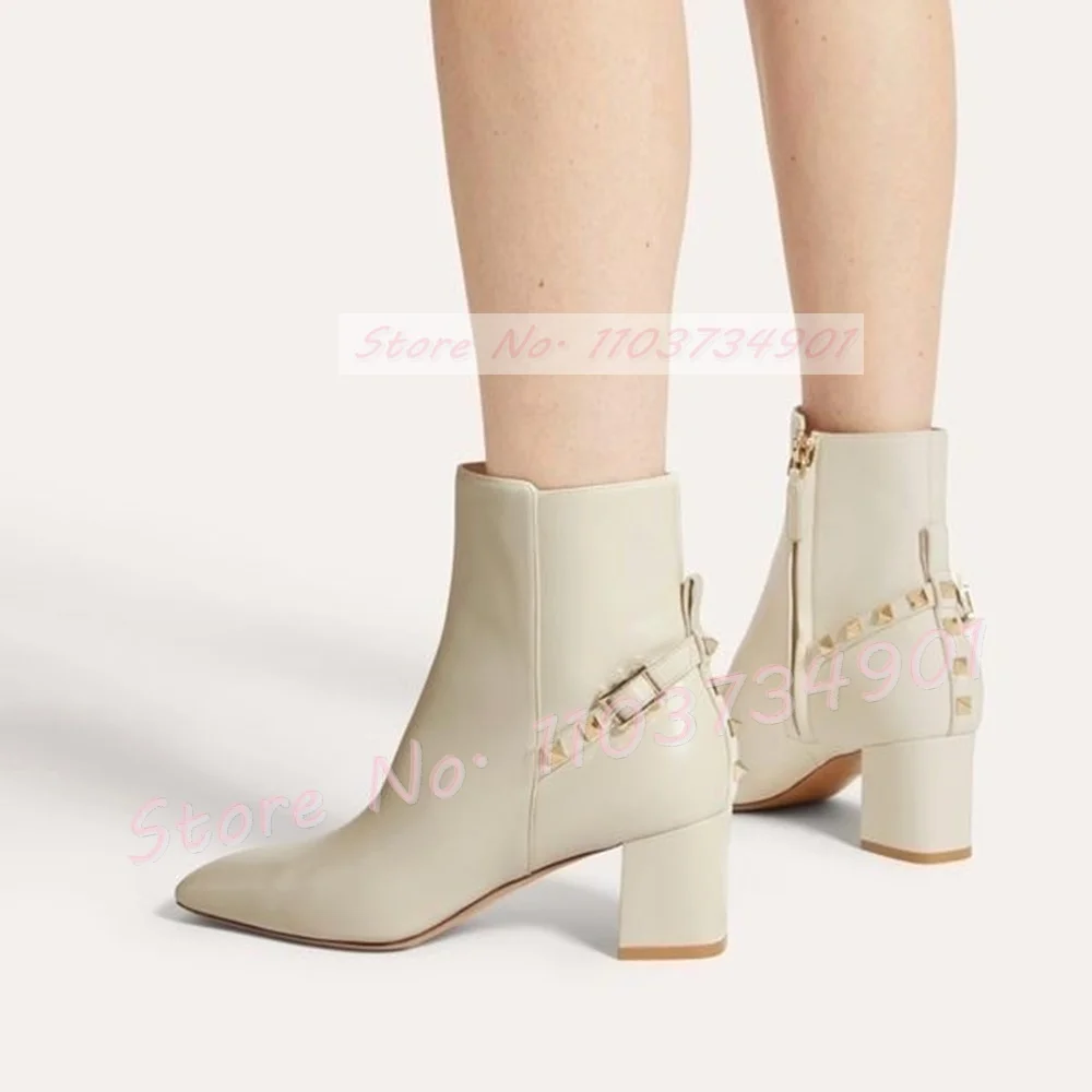 

Pointy White Ankle Boots With Gold Rivets Women Fashion Block High Heels Shoes Ladies Bling Back Cross Straps Side-zip Booties