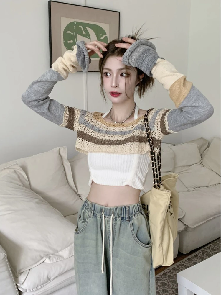 Cropped Panelled Smock Striped Pullovers Y2k Clothes Harajuku Ulzzang Casual Sweaters All-match for Ladies Pull Femme Ropa Mujer