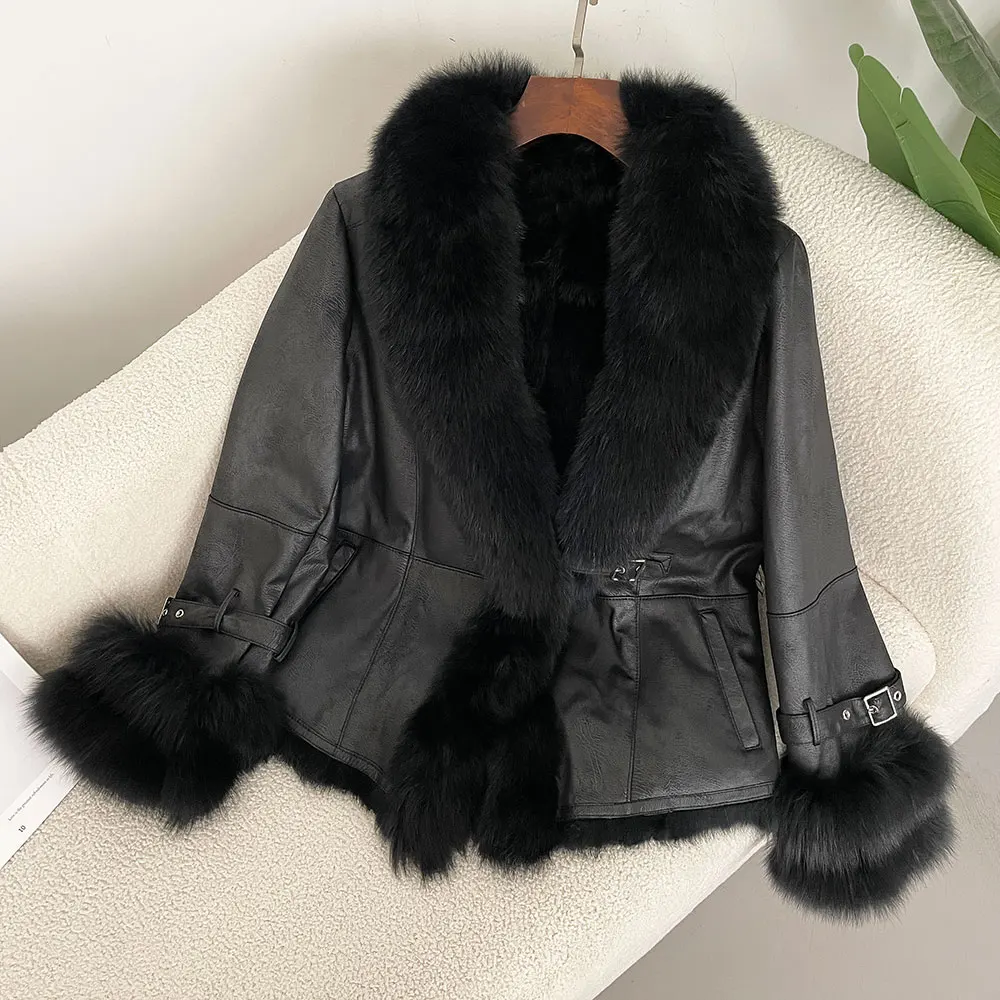 Real Raccoon Fox Fur Collar Rabbit Fur Jacker Winter Fur Coat Women Thick Warm Outerwear 2024 New Liner Real Fur Coat