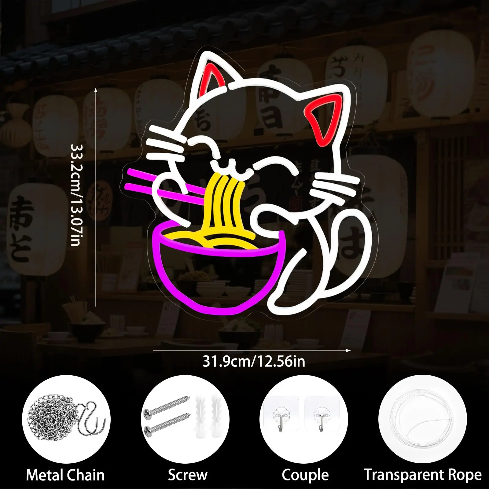 Fortune Cat Ramen Neon Sign Japanese Lucky Cat Noodle LED Light Signs Anime Noodles Shop, Business, Restaurant, Kitchen Dining