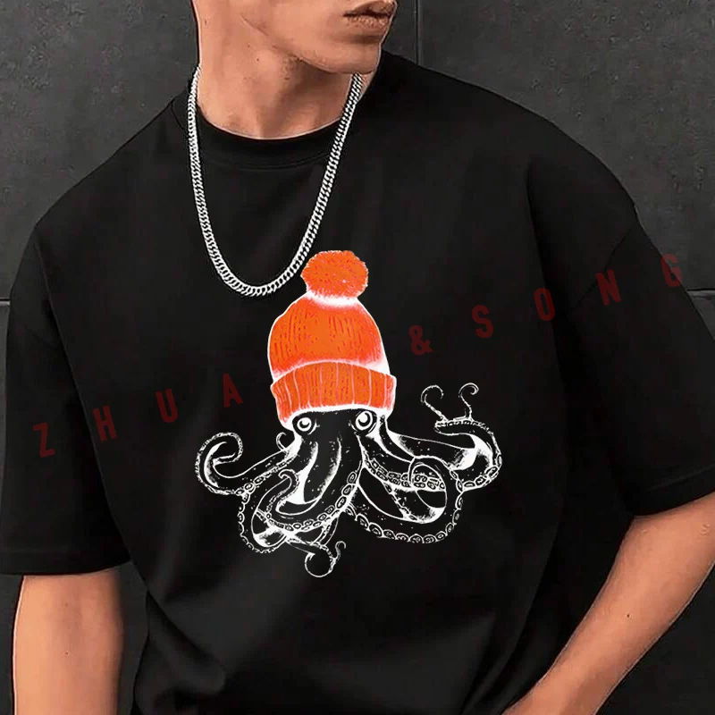 

Octopus Orange Beanie Motorcycle T-Shirt Men Hip Hop Streetwear Unisex Casual Fashionable Short Sleeve Tops