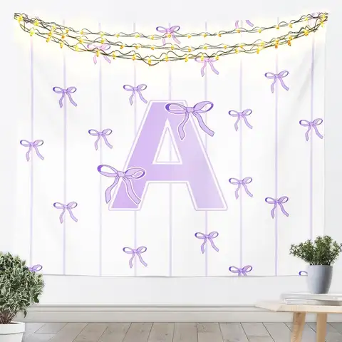 Coquette Letter E Tapestry, HD Print with Purple Bows & Stripes, White Background, Wall Decor for Bedroom, Sweet Bohemian Style