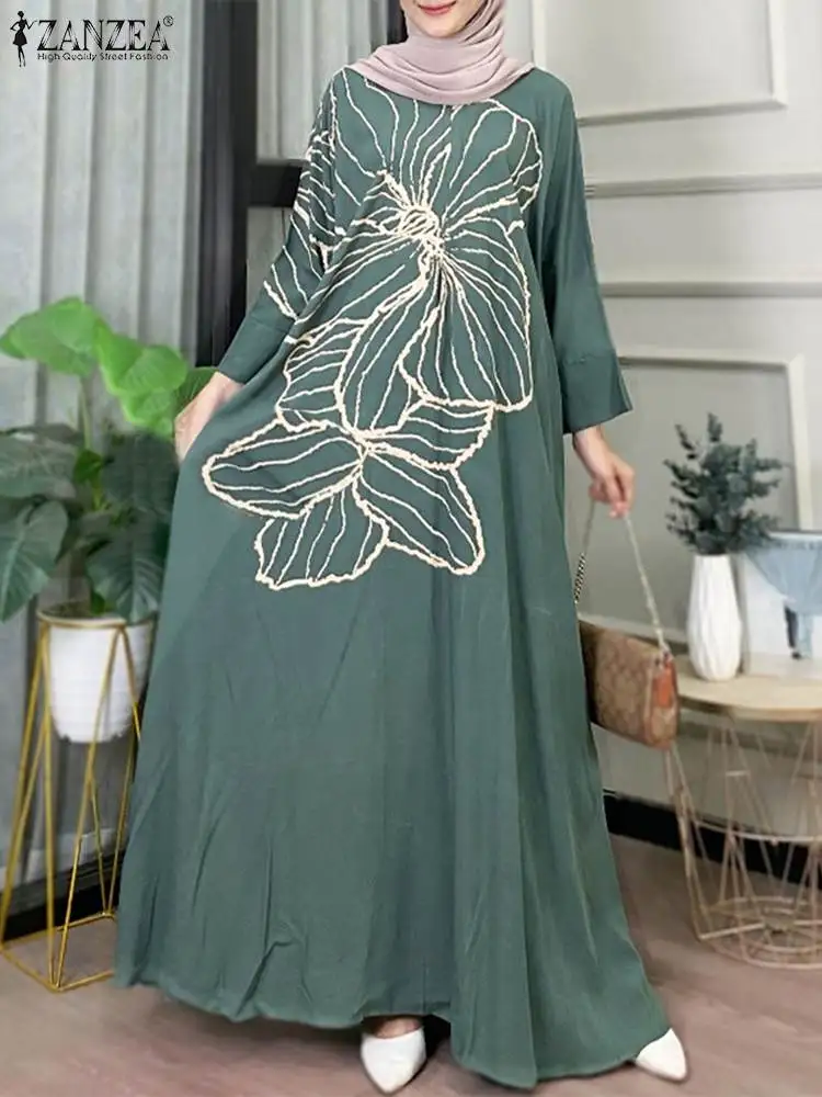 Muzułmańskie Abaya sukienka z Vintage, w kwiaty nadrukiem moda ZANZEA kobiet z długim rękawem Dubai indyk Maxi sukienka Femme Vestido Kaftan