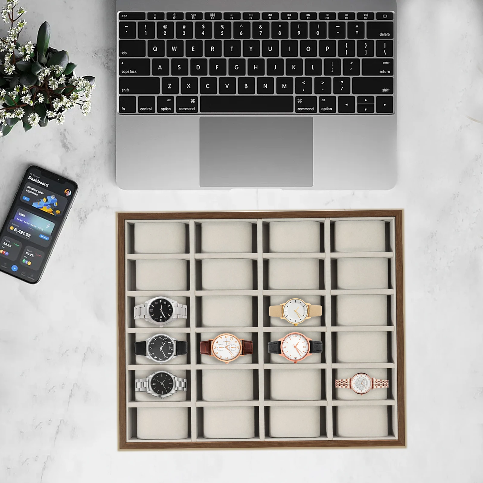 กล่องเก็บนาฬิกา 24 ช่อง กล่องโชว์นาฬิกา กล่องนาฬิกาไม้ กล่องของขวัญนาฬิกา กล่องจัดระเบียบนาฬิกาสำหรับผู้ชาย (สีน้ำตาลอ่อน)