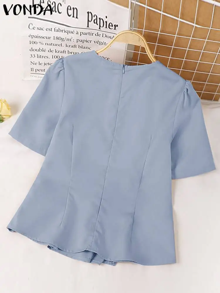 VONDA Women Elegant Shirts 2024 Fashion Blouse Summer Short Puff Sleeve Tops Casual Round Neck Pleated Tunic Blusas Femininas