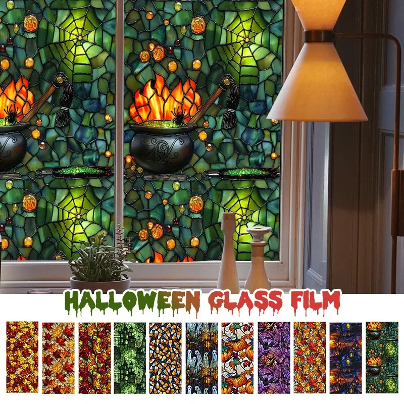 45X100/200CM Window Privacy Film Adhesive Film Halloween Bat Pumpkin Door Sticker Curtain Window Glass Film Sticker