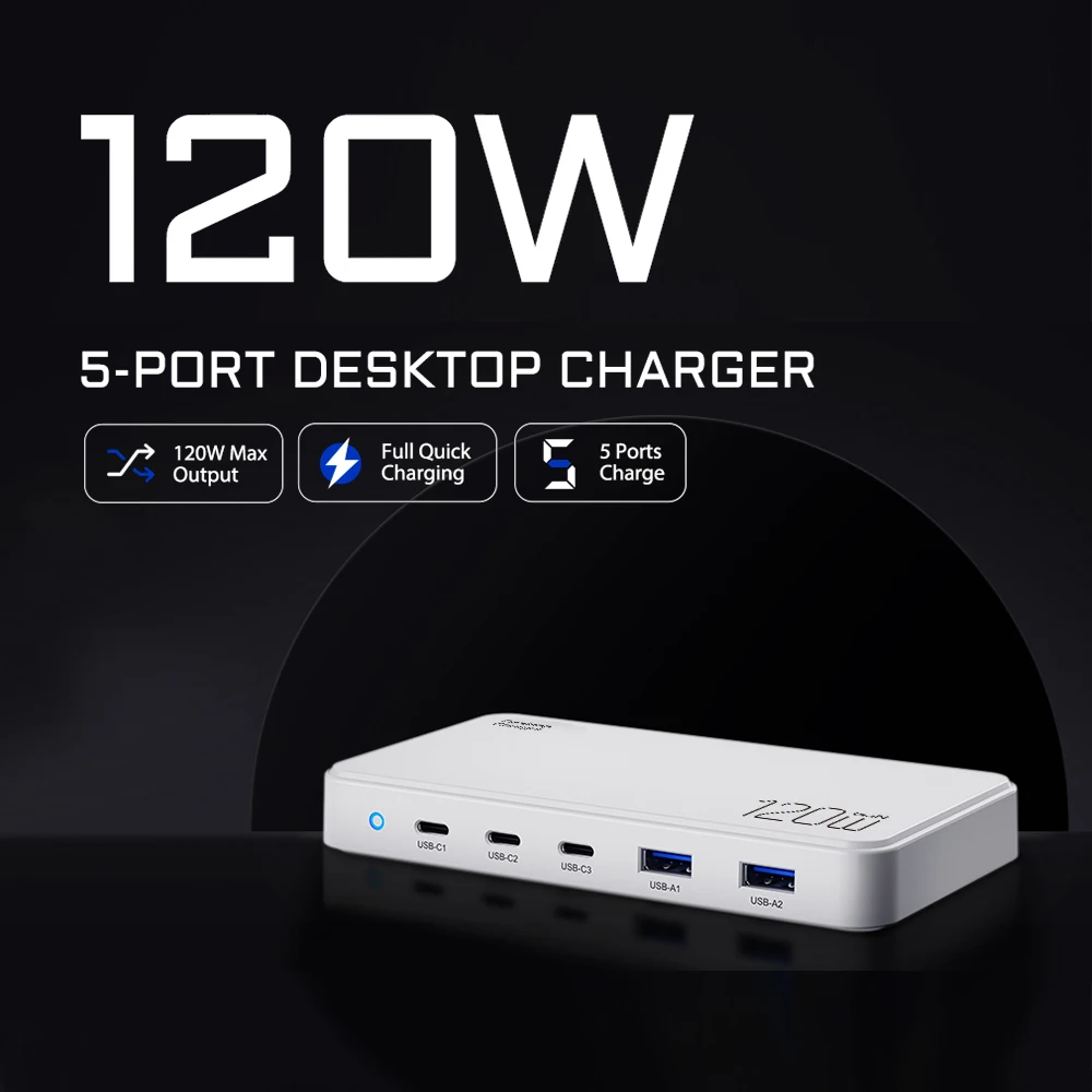 USB C Charging Station, 120W USB C GaN Charger Charging Hub 5 Ports for Multiple Devices for MacBook iPhone 15 Samsung Galaxy