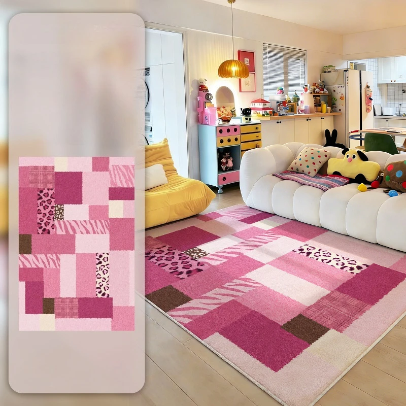 VIKAMA Cute Pink Checkered Large Rug Mixed Animal Stripe Patchwork Print Non‑Slip Washable Soft Floor Mat for Indoor Home Decor