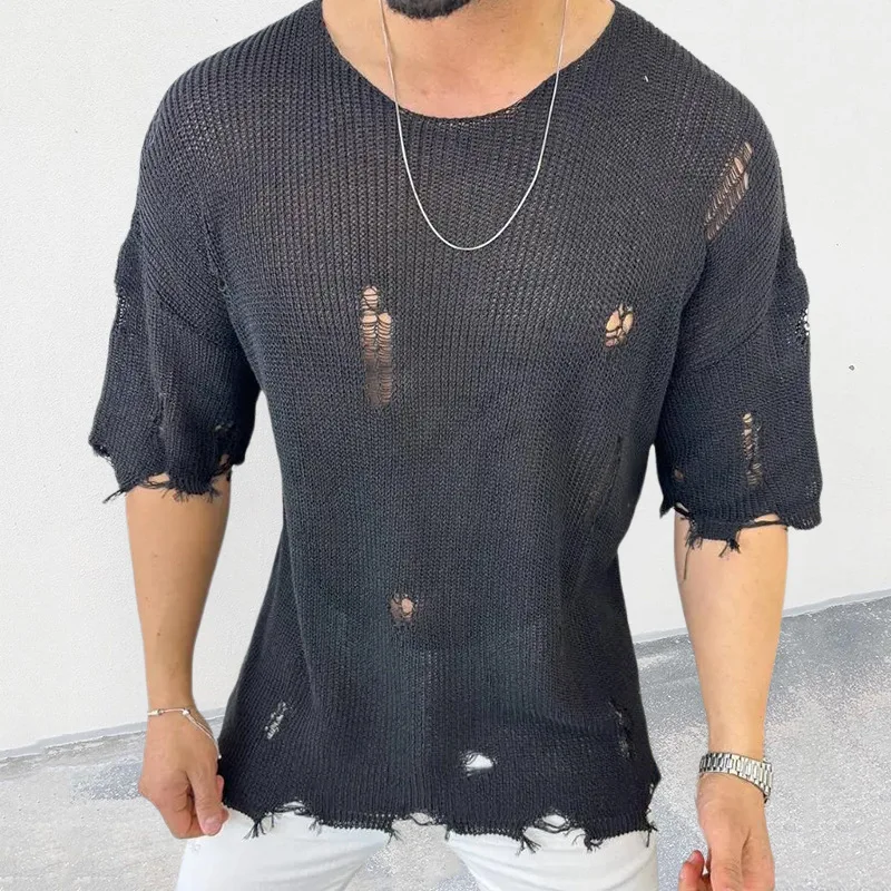 2024 Summer New Men\'s Solid Color Sweater Round Neck Short Sleeve Hollow-out Pullover Sweater Top Shirts