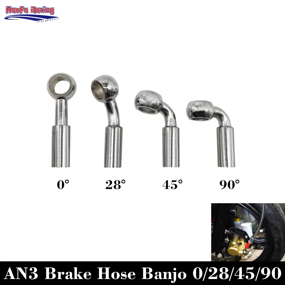 -AN3 Universal Motorcycle Brake Banjo Hose End Iron Fittings 10mm Stright/28/45/90° Crimp Adapter Push in Silver-3an