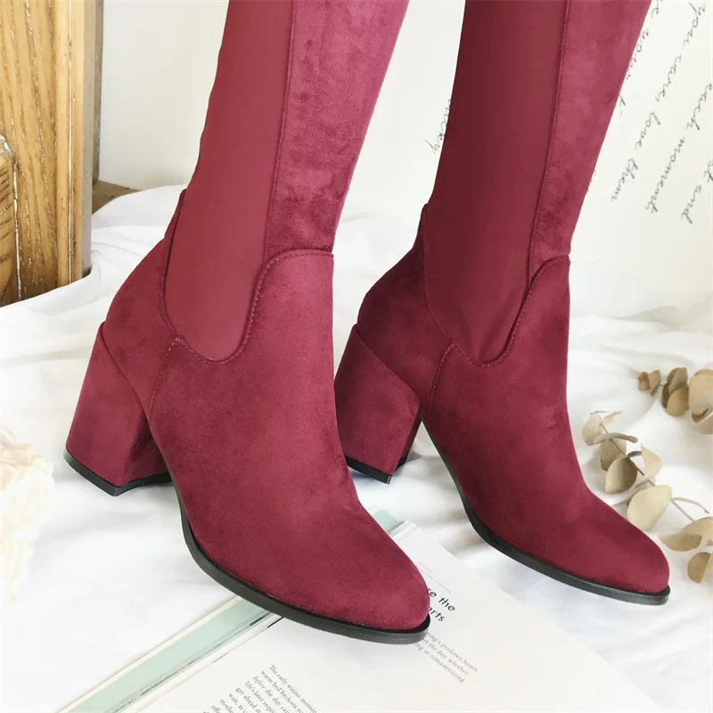 Black Knee High Boots Women Suede Round Toe Chunky Shoes Fall Plus Size 43 Long Boots Lelastic Force Over The Knee Botas Mujer