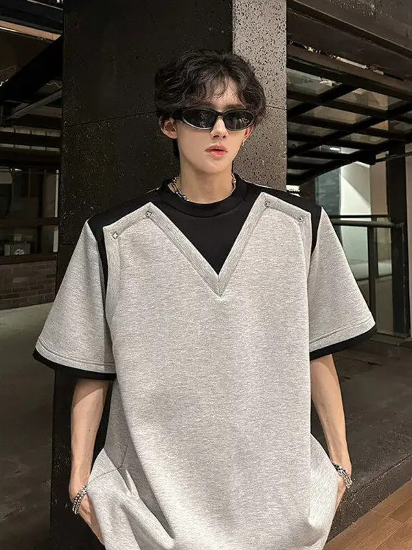 

American Style Shoulder Pad Short Sleeve Men's T-Shirt Color Block Casual Loose Fit Summer Shirt Polyester Fabric Youth Fashion