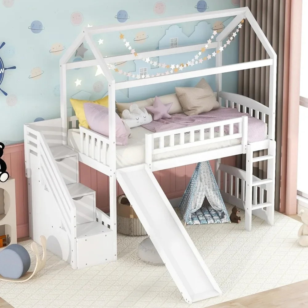 Cama alta con tobogán, casa tipo loft tamaño doble con cajones de almacenamiento, escalera, casa de juegos para niños pequeños, niñas/niños