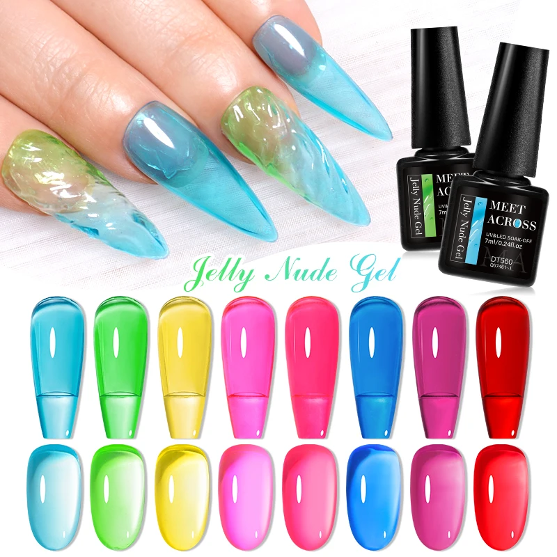 MEET ACROSS 7ml Jelly Glass Gel Nail Polish Summer Cool Semi-transparent Sea Blue Gel Polish Rainbow Nail Art UV Gel Varnish