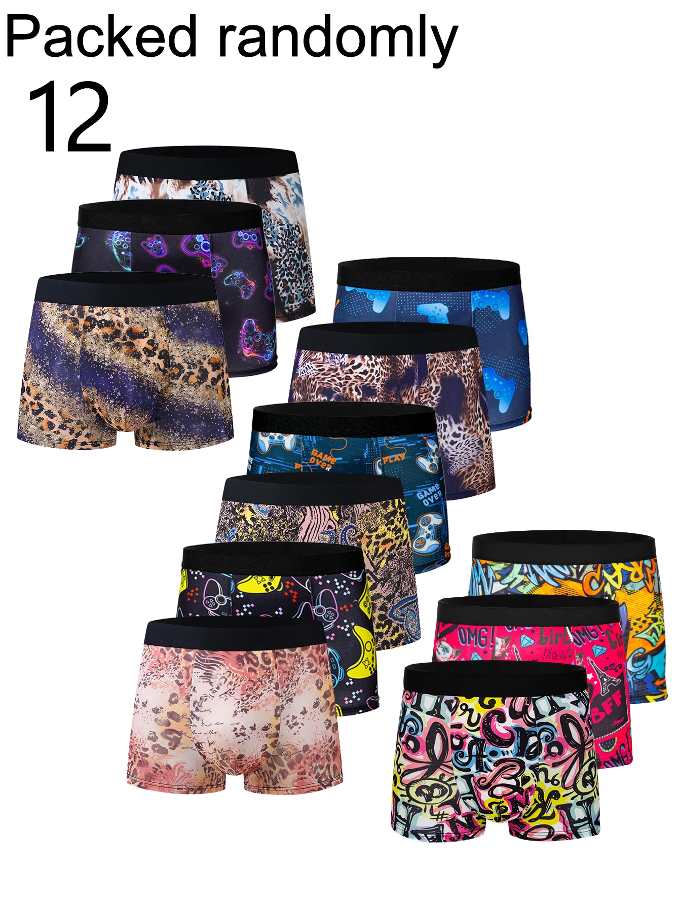 12-Pack Men's Fashion Briefs Leopard Print Game Print Wide Waist Elastic Boxer Shorts Youth Style Random Delivery