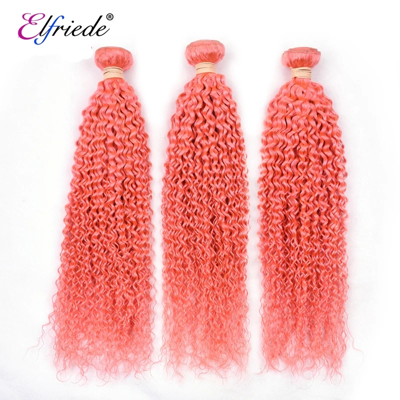 Fasci di capelli umani ricci crespi rosa Elfriede con chiusura capelli brasiliani colorati cuciti In trame 3 fasci con chiusura In pizzo 4x4