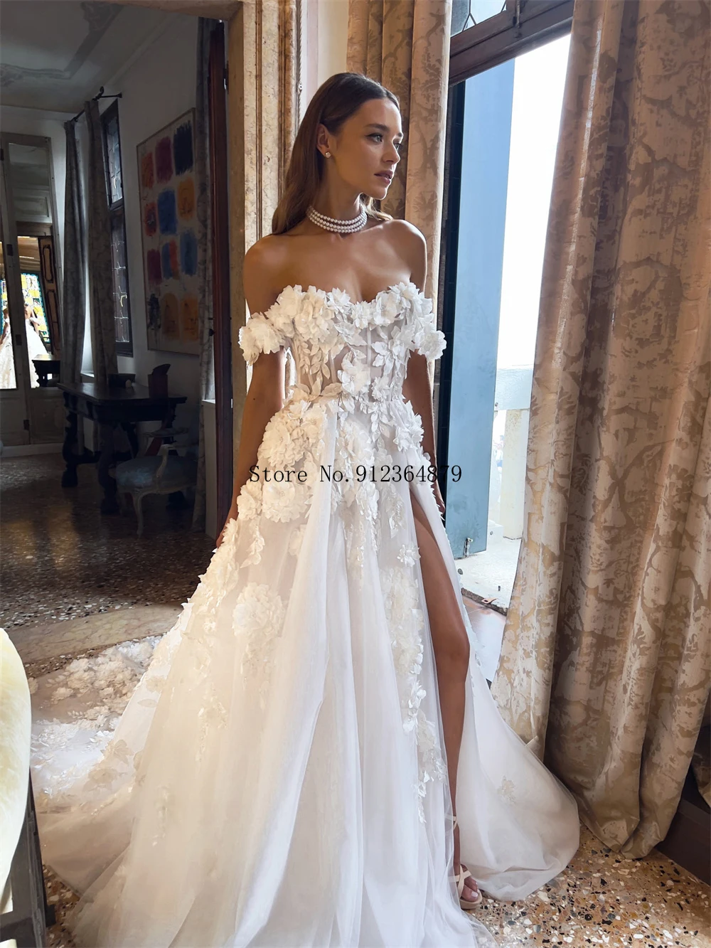 تخصيص أنيقة خارج الكتف فستان الزفاف 3D زهرة منمق تول فستان الزفاف الشق العالي لمظهر الزفاف الفاخر #3