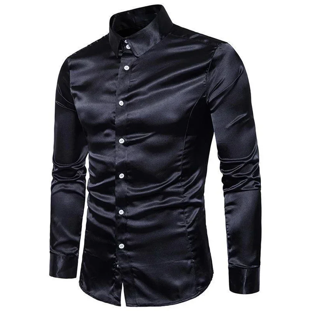 Men Shirt Silk Satin Luxury Smooth Mens Solid Tuxedo Business Shirts Men Casual Slim Fit Blouse Shiny Gold Wedding Dress Shirts