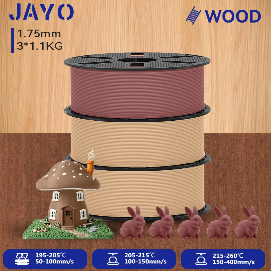 JAYO 3 Rollen Holz-PLA 3D-Filament 1,75mm 1,1KG/Rolle PLA Holztextur 3D-Drucker-Filament 10-15% Holzfaser 3D-Druckmaterialien