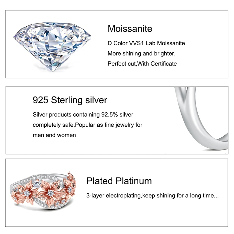 Kirin Palace Moissanite Wedding Flower Ring D Color Diamond Engagement Band 925 Silver Plated Rose Gold Jewelry for Women