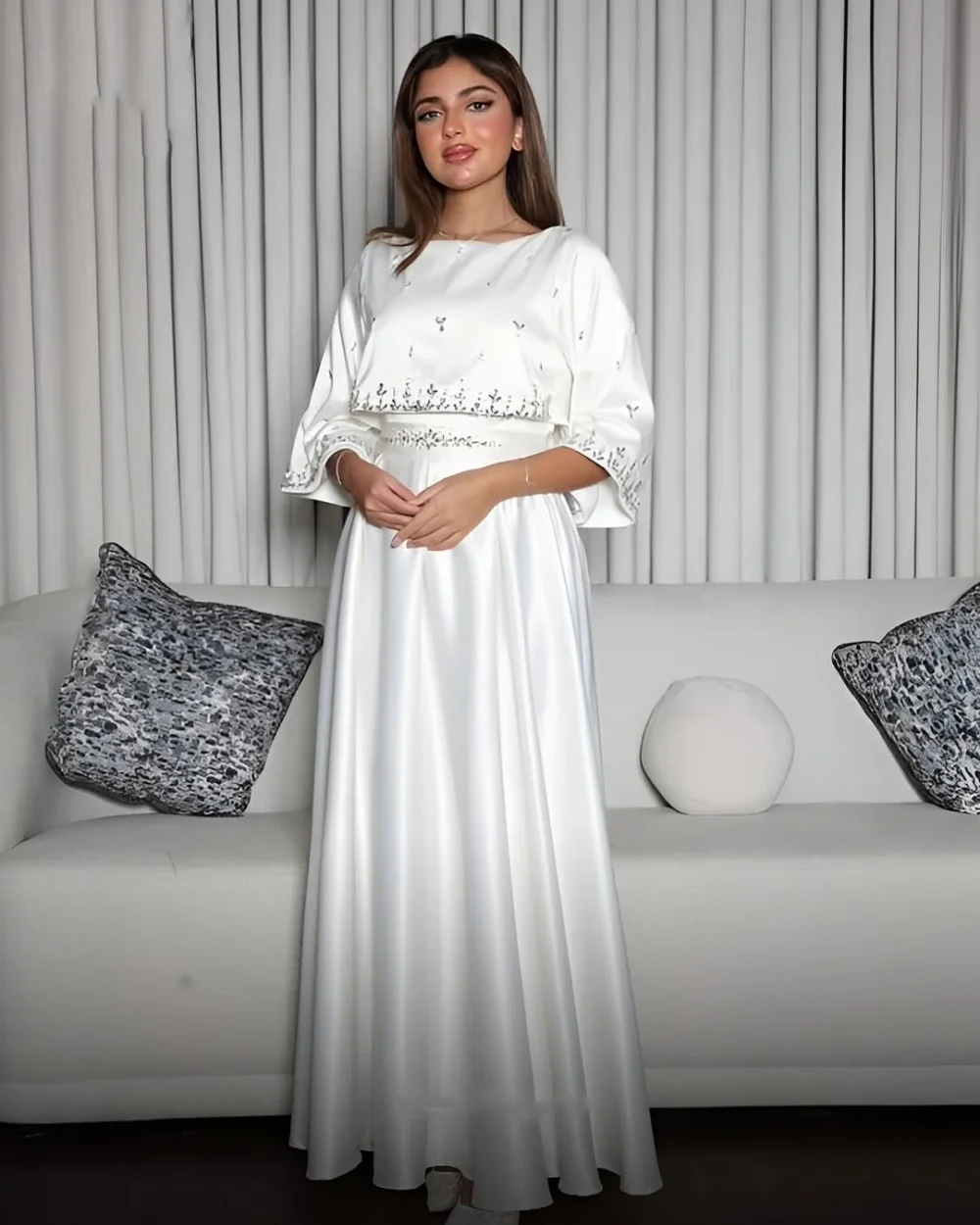

Customized Matching Charmeuse Pleat Sequined A-line O-Neck Long Dresses Bespoke Occasion Prom Formal Chinese Style