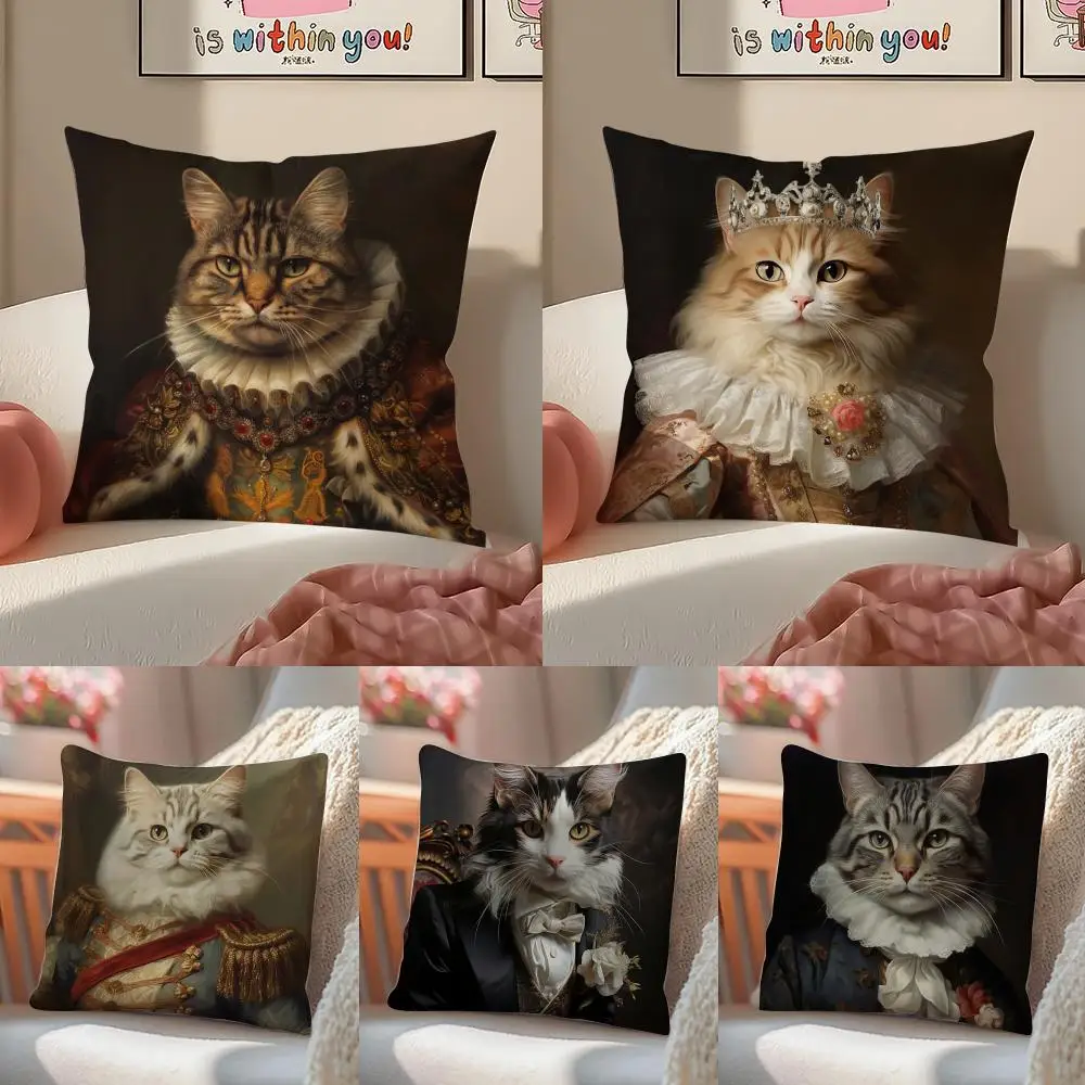 Renaissance Royal Cat Funny Cushion Cover Linen Pillowcase Cover Soft Decor for Sofa Home Room