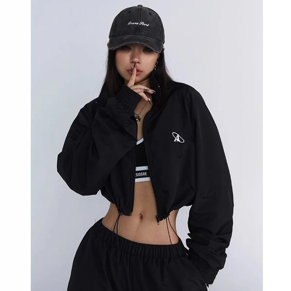 

2026 New Women's American Style Letter Embroidery Windbreaker Jacket Loose Long Sleeve Zip Up Crop Top