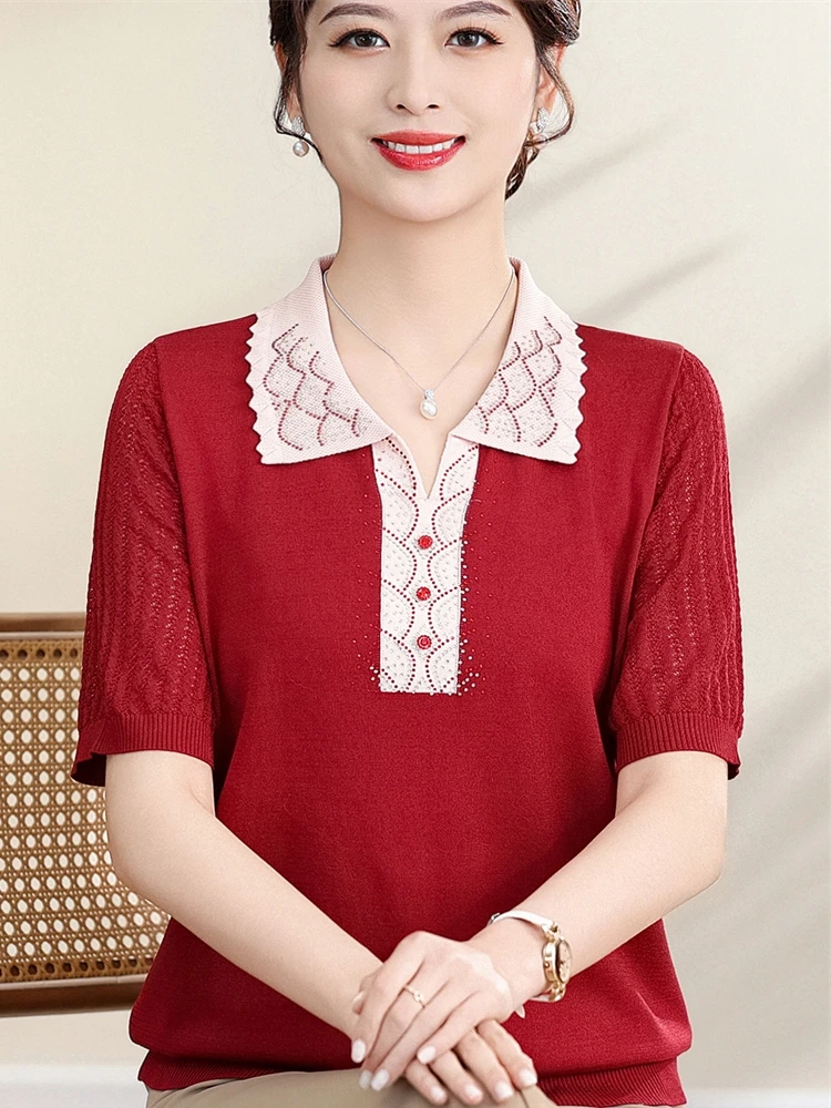 

Летний тонкий трикотажный топ с отложным воротником, повседневный, свободного кроя, для женщин старше 40 лет