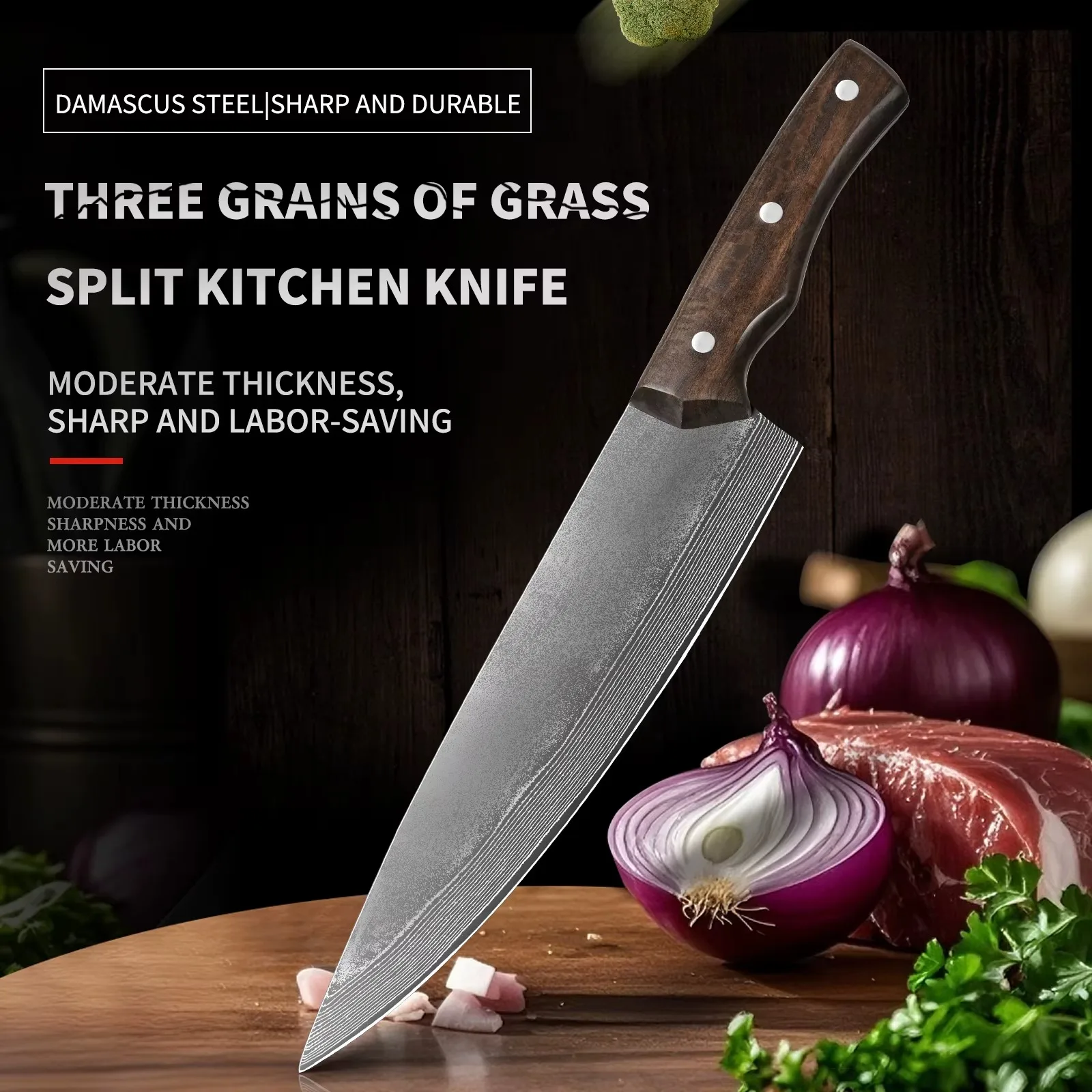 8 Inch Damascus Steel Chef Knife, Full Tang Sharp Blade Professional Kitchen Knife for Meat and Vegetable Cutting