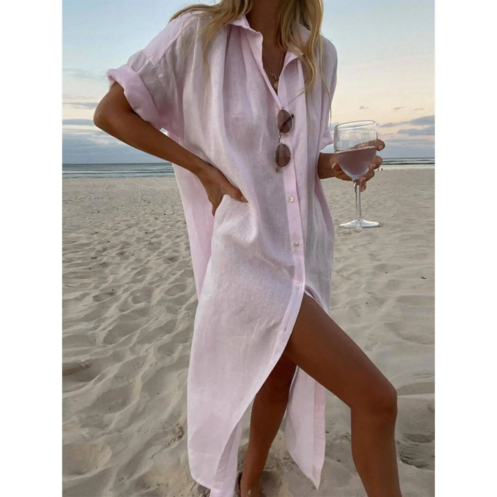 Dames Pure Color Casual Long Sve irt Dr Tee-kwartlengte Button-Up Skater Dr voor Ci Walks en winterkleding