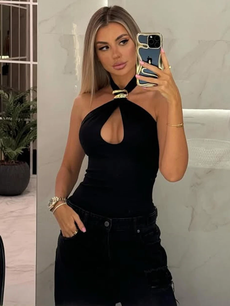 Mozision Halter Hollow Out Sexy Crop Tops Pullovers Women Vest Summer New Ring Metal Off-shoulder Tank Tops Female Skinny Top image 4