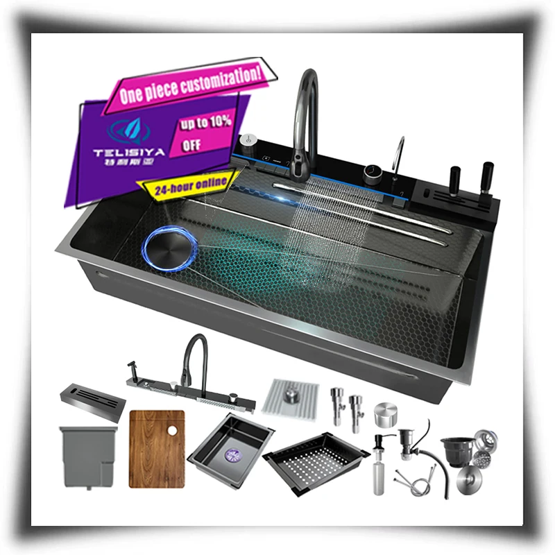 Black Modern Eco Friendly Large Stainless Steel Kitchen Sink Smart LED Digital Cup Washer