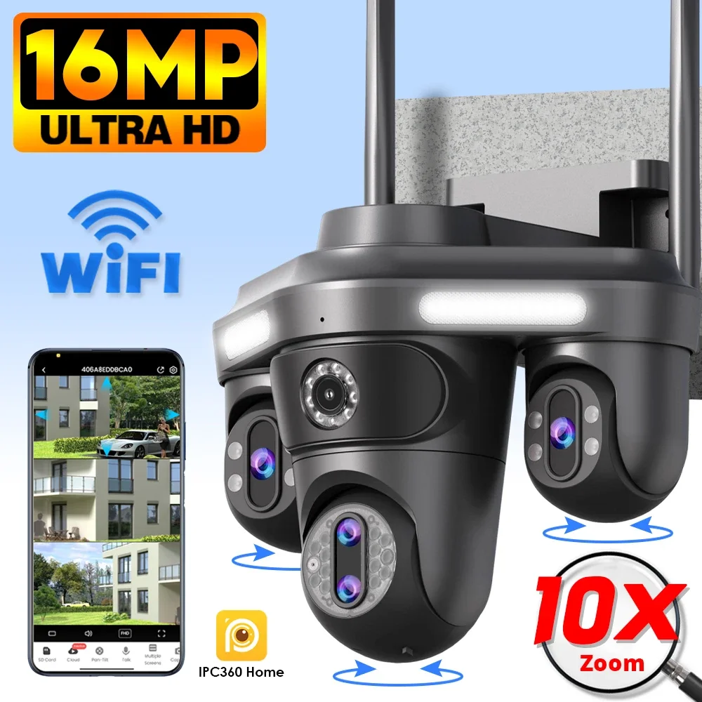 

IPC360 Home 16MP 8K HD Wifi Security IP Camera Three Lens Outdoor Wireless CCTV Surveillance Cameras PTZ, 10X Zoom, Waterproof