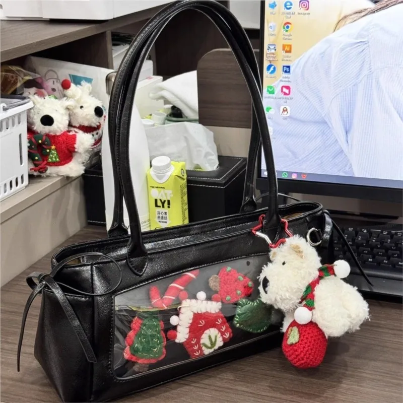 النمط الياباني الأسود Ita حقيبة يد المرأة الجديدة Harajuku حقائب كتف جلدية شفافة السيدات أنيمي Itabag حقيبة تحت الإبط Y2K #4